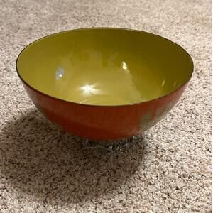 "Vintage MCM Hanova of Pasadena Enamelware Bowl Orange Chartreuse Green 8" RARE